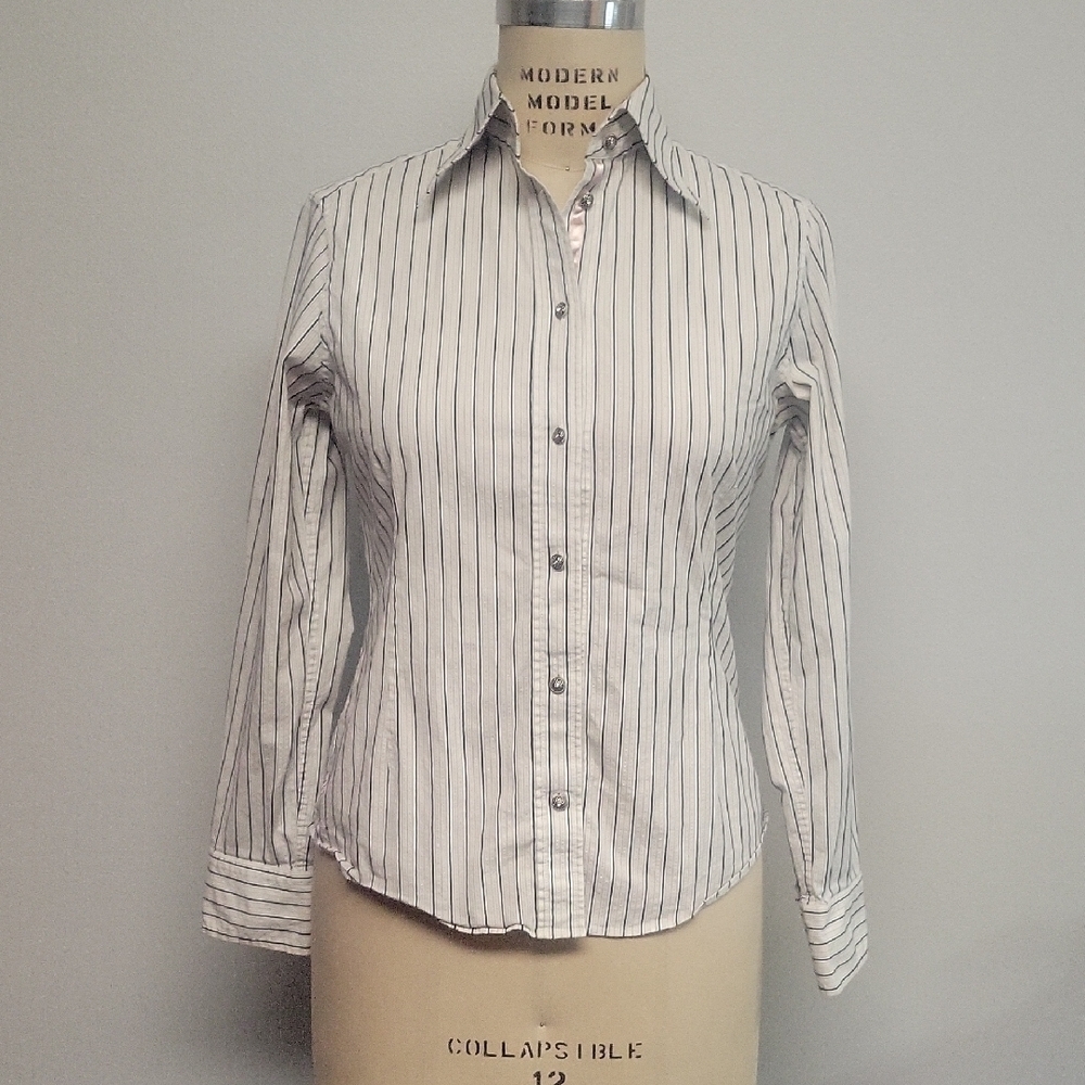 Anne Klein Black and White Striped Button-Down Shirt